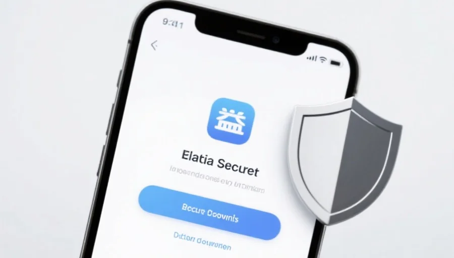 一部现代智能手机屏幕上显示耀世应用的安全下载界面，旁边有安全盾牌图标，背景简洁