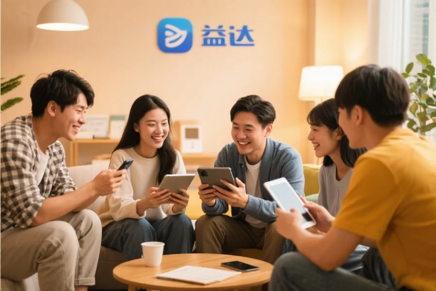 一群年轻用户围坐在一起，使用平板和手机愉快地交流，背景温馨现代，象征耀世应用的社区活跃氛围